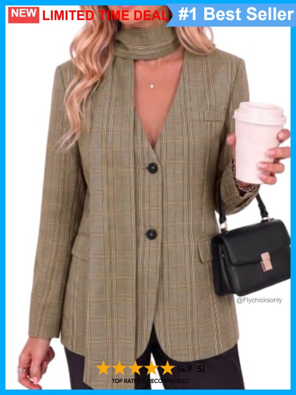 Plaid V Neck Button Down Blazer with Scarf